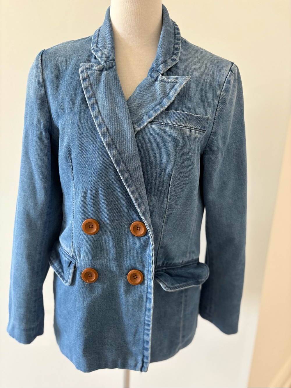 A Loves A Blue Denim Double Breasted Blazer Jacket Size XS Notch Collar